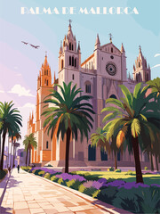 Palma De Mallorca, Spain travel destination poster in retro style. Colorful vector illustration