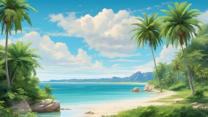 A serene tropical beach scene featuring a calm turquoise lagoon bordered by soft white sand