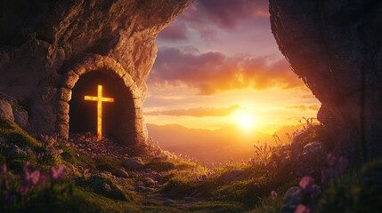 Fototapeta premium a breathtaking vista of a radiant cross illuminating a stone tomb against a stunning sunset backdrop symbolizing faith hope and spiritual renewal