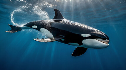 Obraz premium orca whale An orca whale swimming gracefully through the deep blue ocean