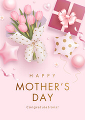 Happy mother's day poster, web banner, greeting card design template. Realistic 3d bouquet of tulips and gift box on pink background. Mother day social media post. Vector illustration