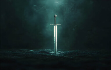 Naklejka premium A mystical sword emerges from water, symbolizing strength, valor, and timeless legends in a dramatic light.