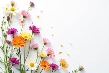 Delicate scattered wildflowers on white backdrop, botanical, elegant, blossom