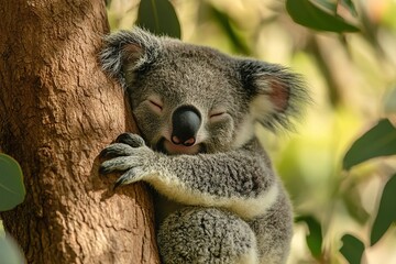 Obraz premium A cuddly baby koala snuggled into the crook of a tree, dozing peacefully.