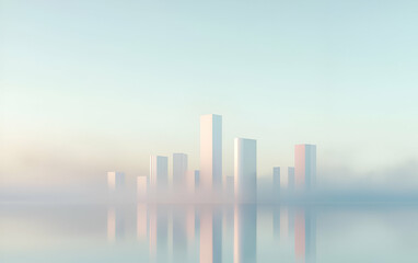 Fototapeta premium A serene city skyline emerges through morning fog, reflecting softly on calm waters, evoking tranquility and beauty.