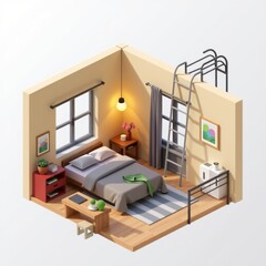Modern Minimalist Bedroom Interior Design Cozy Isometric Room Illustration