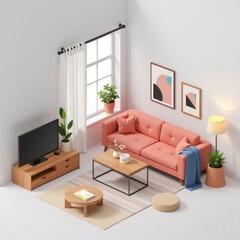 Modern Minimalist Living Room Interior Design Coral Sofa Wooden Furniture and Stylish Decor