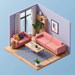 Modern Minimalist Living Room Interior Design Isometric View of Stylish Apartment