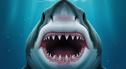 Naklejka premium Shark Open Mouth Showing Teeth Underwater