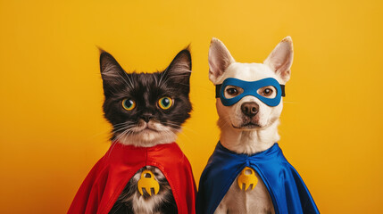 Fototapeta premium Fluffy cat and happy dog dressed as superheroes, wearing capes and masks, solid yellow backdrop