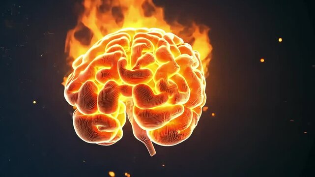 A vibrant, fiery brain illustration symbolizing creativity and innovation, set against a dark background
