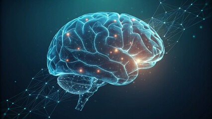 Futuristic digital illustration of a glowing human brain with neural networks

