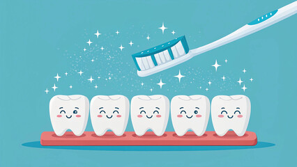 Cheerful cartoon illustration promoting dental hygiene with smiling teeth and toothbrush
