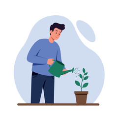 Young man watering small green plant in brown pot with blue background flat style vector illustration