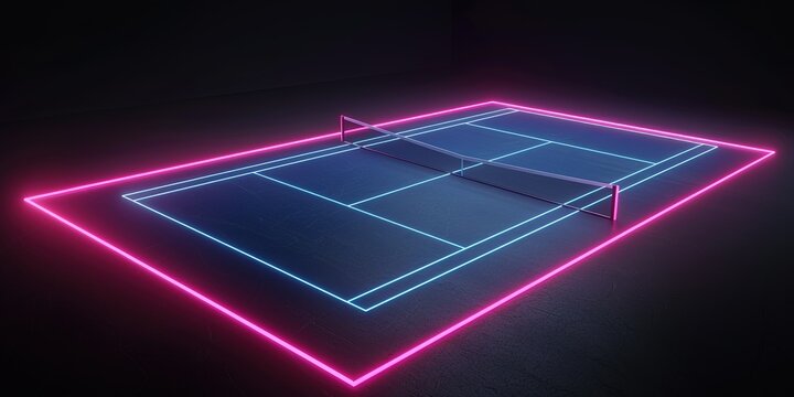 Isolated in white background,3d render, neon tennis court scheme, sportive game virtual sport playground perspective view, pink blue glowing line over black background. - Powered by Adobe