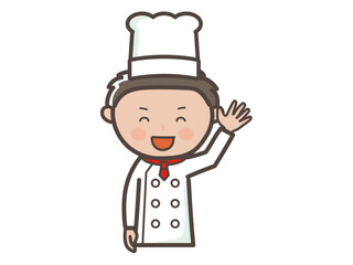 手を振って挨拶する若い男性コックさんの上半身イラスト