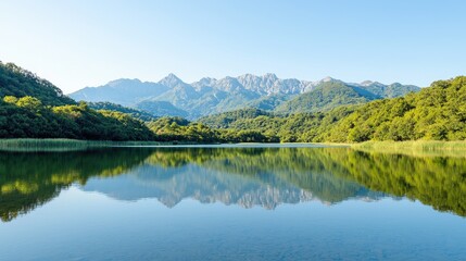 Fototapeta premium Calm lake mountain landscape reflection nature serenity peaceful scenery
