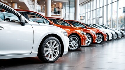 A modern car showroom featuring a lineup of shiny vehicles in various colors, showcasing sleek designs and well-lit interiors.