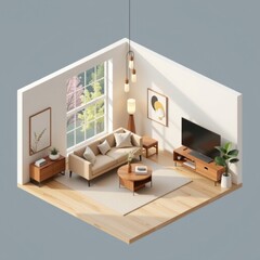 Modern Minimalist Living Room Interior Design Beige Sofa Wooden Furniture Large Window