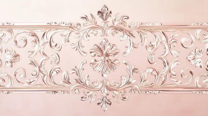 An elegant embossed baroque ornament in shimmering rose gold on a soft blush pink background. Perfect for wedding invitations, luxury branding, and decorative designs.