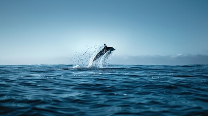 Fototapeta premium Dolphin Jumping Out of Blue Ocean Water Splashing in Sunlight