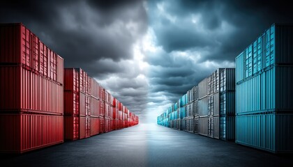 Fototapeta premium A striking image of colorful shipping containers lined up under a dramatic sky, creating a vivid contrast between red and blue.