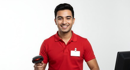 Smiling Retail Employee Scanning Items at Checkout with Barcode Scanner, Wearing Red Polo Shirt and Name Tag Against a Bright White Background, Representing Efficient Service