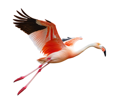 a pink flamingo in mid-air flight with extended wings isolated on a white or transparent background.