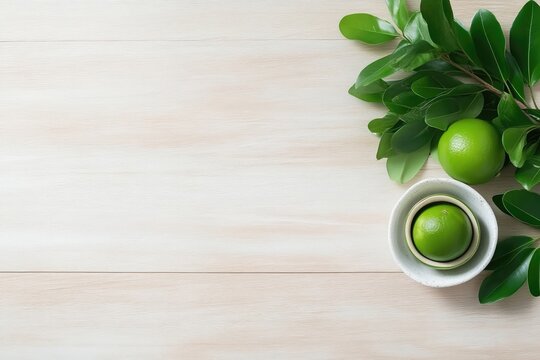 Fresh limes on a light wooden surface with leaves