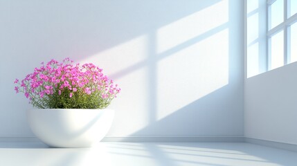 Fototapeta premium serene pink blossoms in a pristine white pot illuminated by gentle sunlight filtering through a window creating a peaceful indoor ambiance and emphasizing minimalist decor