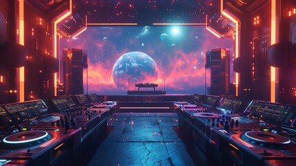Mood board for a space festival with a dj performing. Invitation to a music concert or music show. Shuttle and alien station in a galaxy with planets.