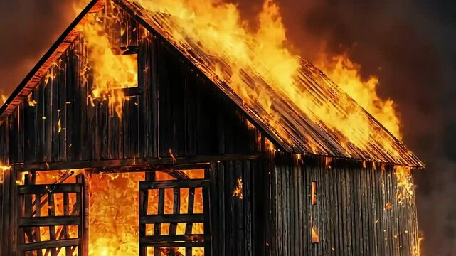 A wooden barn engulfed in flames at night, highlighting the intensity of the fire and smoke