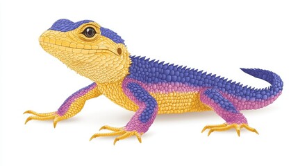 Obraz premium Close-up of a colorful fantasy lizard with yellow skin purple scales and pink stripes crawling on a white background providing detailed and vibrant visuals