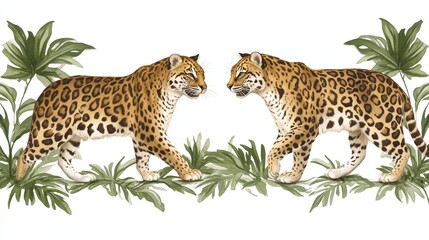 Naklejka premium Vibrant leopard pair mirroring each other amid lush tropical foliage creating an eye-catching and dynamic patterned vector design element perfect for various applications