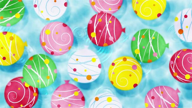 summer background with colorful water balloon yo-yos floating in water animation