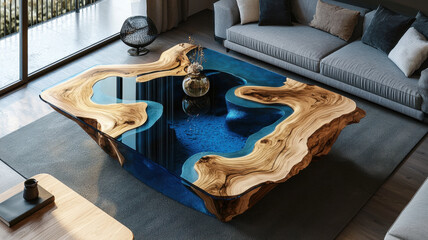 Epoxy resin river coffee table with blue translucent center, natural wood edges, placed in a modern living room