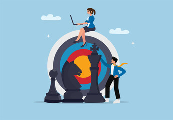 Business Strategy and Teamwork Concept. Business People with Chess Pieces and Target Board Symbolizing Decision Making and Goal Achievement.