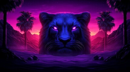 MysticGuardian Panther with glowing eyes in retro synthwave landscape evokes fantasy concept art and digital illustration of neon jungle vibe
