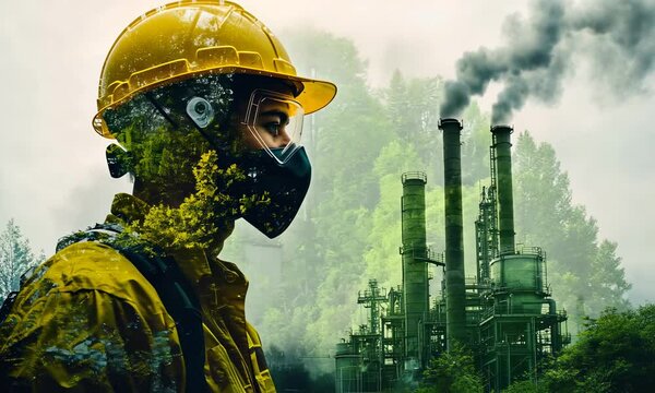 double exposure image featuring a factory worker in protective gear overlaid with a lush green forest, symbolizing the balance between industry and nature