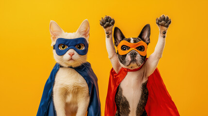 Fototapeta premium Cat and dog dressed as superheroes with masks and capes, standing side by side on solid yellow background, each raising one paw