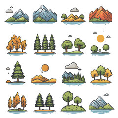Minimalist vector illustration of mountain landscapes with clouds and water, featuring two different mountain sizes and styles