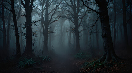dark misty forest backdrop enchanted woods gloomy foggy grove mystery halloween background,generative.ai
