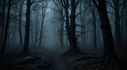 dark misty forest backdrop enchanted woods gloomy foggy grove mystery halloween background,generative.ai
