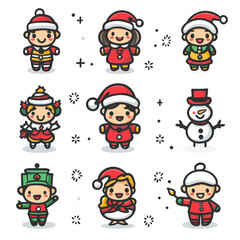 Cute cartoon characters in Christmas outfits, featuring smiling boy and girl wearing Santa hats, evoke festive and joyful holiday spirit