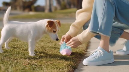 Pet owner picking up dog waste with colorful biodegradable bag during a walk in the park. Concept of responsible pet care, cleanliness, outdoor etiquette.