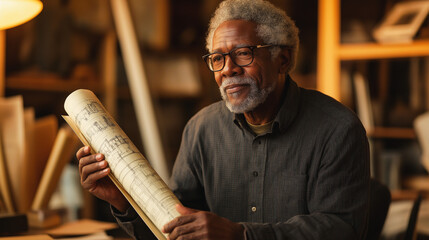 Elderly man holding architectural plans, representing creativity, lifelong profession, and intellectual engagement.