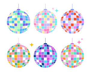 Colorful disco ball icon set. Flat nightclub sparkling mirror sphere symbol isolated on white background