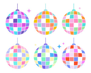 Colorful disco ball icon set. Flat nightclub sparkling mirror sphere symbol isolated on white background