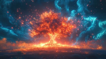 Fototapeta premium Ethereal tree of light illuminating a cosmic landscape with nebula skies