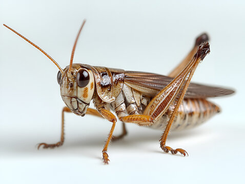 Isolated green insect, a grasshopper or locust, is seen in macro closeup against a white background